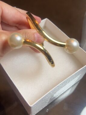 Gold Pearl Accent Open Cuff Bracelet - Women Jewelry